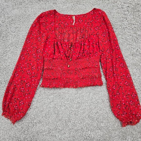 Free People Women Lolita Top Size Small Red Floral Smocked Boho Peasant Crop - Picture 2 of 14